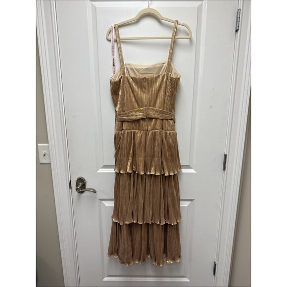 New Mac Duggal Size 10 Gold Ruffle Tiered Belted Sleeveless Cocktail Party Dress - Picture 9 of 16